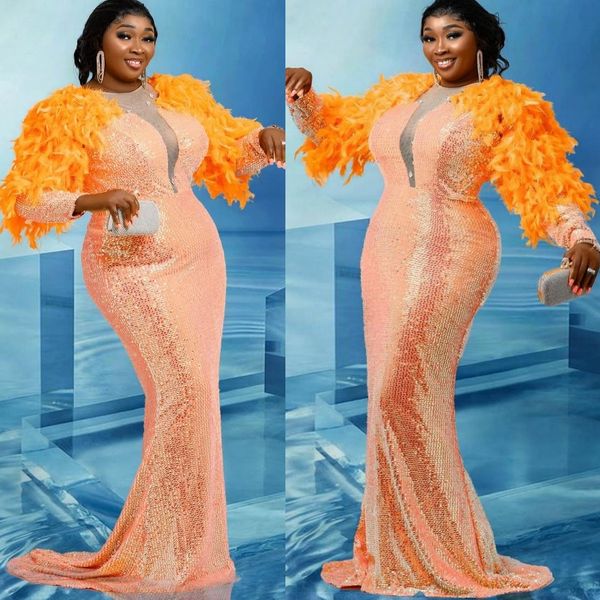 

Orange Mermaid Prom Dresses 2025 Feather Sequined Full Sleeves Evening Formal Party Second Birthday Engagement Gowns Plus Size Dress For Special Occasions, Light sky blue
