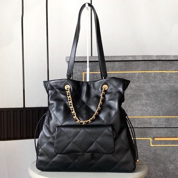 

Large Capacity 10A Designer Shiny Lambskin Golden Hardware Shoulder Bag Snap Chain Zipper Pocket Handbag Fashion Women Casual Shopping Purse, Black