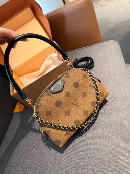 

M12996 Lune Double zipper shoulder for women Genuine leather design Shell hand bags designer tote bag chain packages, Khaki