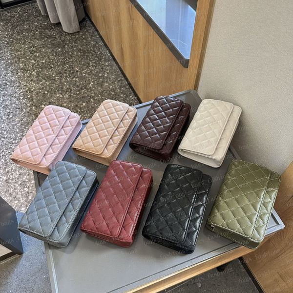 

10a Wallet Solid Colour Fashion Sheepskin Flap Handbag Leather Bag Plaid Double Letters, Bag2-gold chain