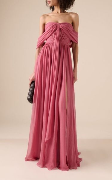Elegant Long Pink Off Shoulder Prom Dresses Chiffon A-Line Pleated Floor Length Party Dress Maxi Formal Evening Dresses for Women