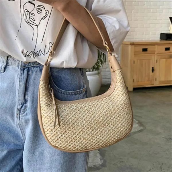 

Bag Summer Vacation Straw Woven Casual Armpit Shoulder Bags Women Wide Strap Design Messenger Female Elegant Travel Handbags Sac BFP2412124 PTP1, Beige white