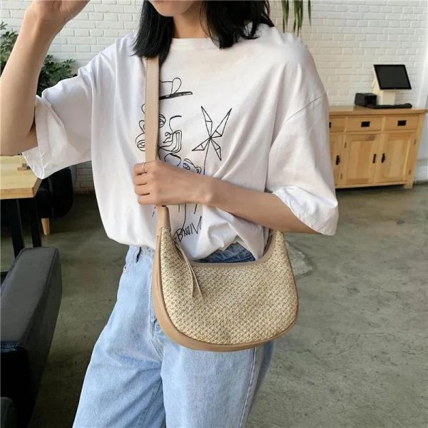 

2025 Designer Bag Summer Vacation Straw Woven Casual Armpit Shoulder Bags Women Wide Strap Design Messenger Female Elegant Travel Handbags Sac BFP2412124 PTP2, Beige white