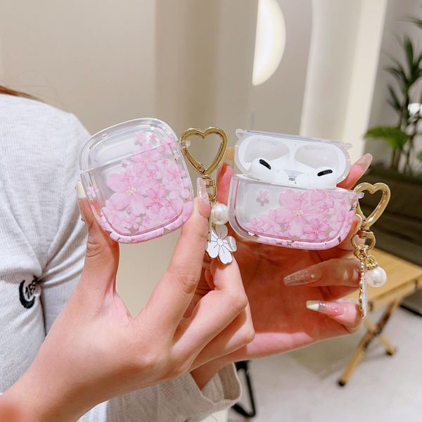 

Cute Pink Sakura Design Protective Case For Apple Bluetooth Earbuds Headphone Accessories TPU Shockproof Wireless Earphones Airpods Cover With Charm Pendant