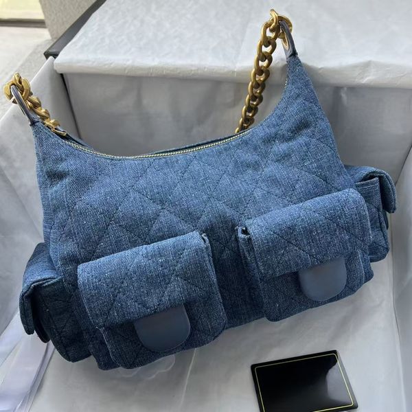 

Denim Real Leather Shoulder Bags Female Underarm Bag With Wide Chain Belt Light Weight 4 Pockets Large Capacity Luxury Vintage Designer Hobo Sling Handbag Purse 3005, Blue