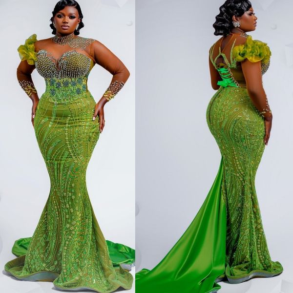 

Green Illusion Mermaid Prom Dresses 2025 Lace Beaded Rhinestones Evening Formal Party Second Birthday Engagement Gowns Plus Size Dress For Special Occasions, Yellow