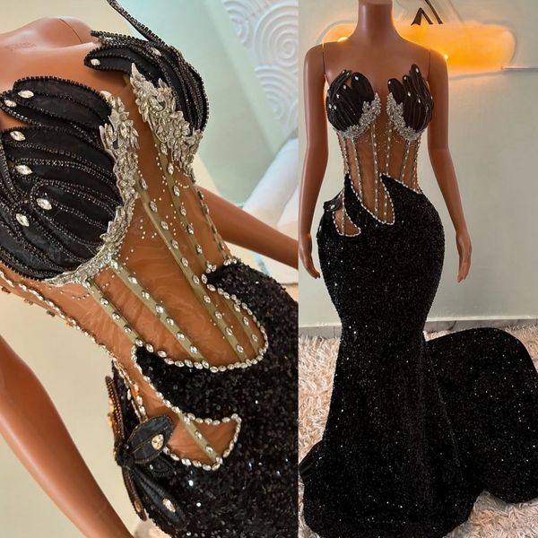 

Black Mermaid Prom Dresses 2025 Beaded Rhinestones Lace Sequined Evening Formal Party Second Birthday Engagement Gowns Plus Size Dress For Special Occasions, Lilac
