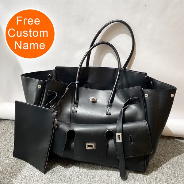 

Mirror Free Custom Name Oversize Tote Bags For Women Designer Handbag Purse 2024 New In PU Lock Large Capacity Underarm Shoulder, Black 26cm