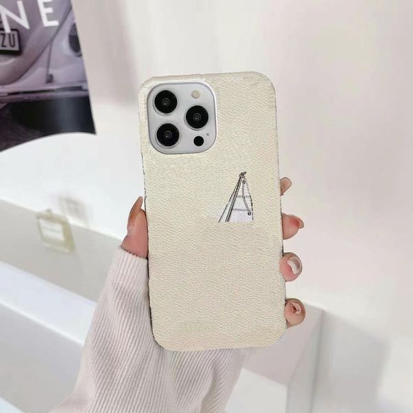 Luxury Leather Designer Phone Case for Apple iPhone 16 Pro Max Case 15 Promax 14 13 12 11 X XS XR 8 7 Plus Camera Lens Bump Hardwares Back Cover Funda Coque White Grid Sail