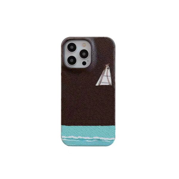 Luxury Leather Designer Phone Case for Apple iPhone 16 Pro Max Case 15 Promax 14 13 12 11 XS XR 8 7 Plus Lens Bump Hardwares Back Cover Funda Coque Brown Big Flower Sail