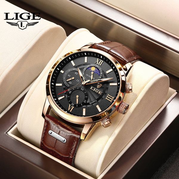 

LIGE Men's Quartz Watch Business Luxury Brand watch Multi-functional waterproof watch Men's Leather watch Youth Clock Holiday, Rose black