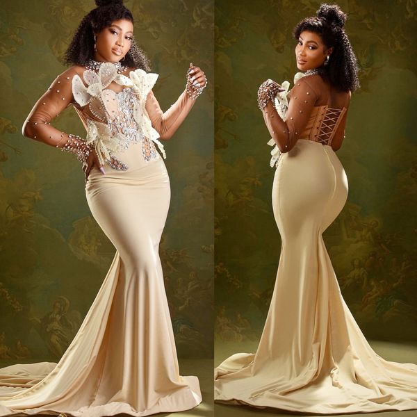 

Cream Illusion Mermaid Prom Dresses 2025 Lace Florals Rhinestones Evening Formal Party Second Birthday Engagement Gowns Plus Size Dress For Special Occasions, Pink