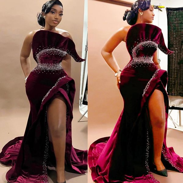 

Burgundy Mermaid Prom Dresses 2025 Beaded Velvet High Split Stylish Evening Formal Party Second Birthday Engagement Gowns Plus Size Dress For Special Occasions, Sage