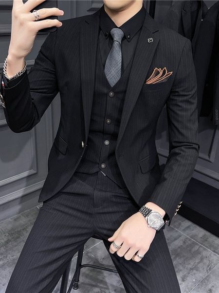 T1222High quality men's suit three piece striped handsome groom dress suit