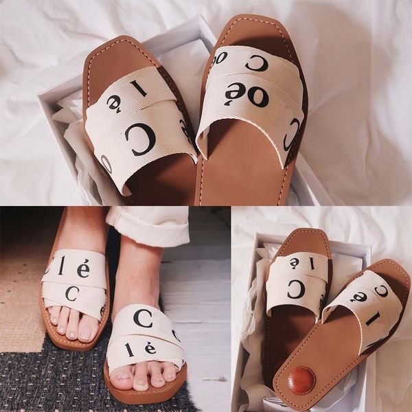

Designer Woody Sandals for Women Mules flat Slides Fashion Ch-oe pink white black brown Lace Lettering Fabric Puppy Canvas Clippers Womens Summer Outdoor Shoes, Colour 8