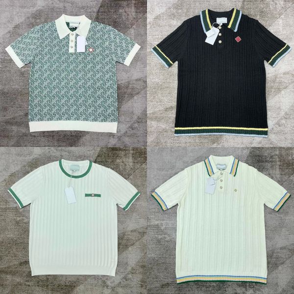 

Sweater tn Casabalance New High Quality Designer Trendy Pullover Jumper Pearl Button Lapel Wave Crochet Wool Knitted Men and Women Short Sleeved Sweater Polos Tops, Lawngreen