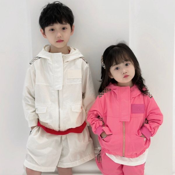 

Spring and summer kids solid color hooded zipper sunscreen jacket casual short bay girlt rendy brand set, Pink