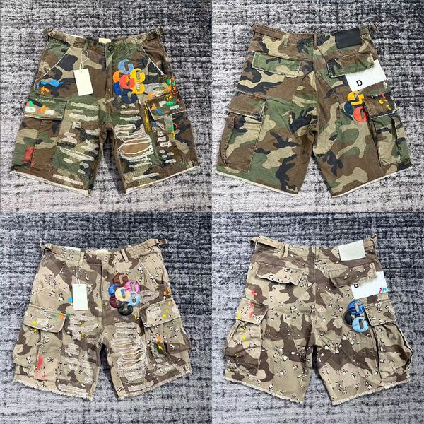 

Designer Mens Camouflage Patchwork Leather Letter High Street Vintage Hip Hop Worn Work Denim Shorts Men