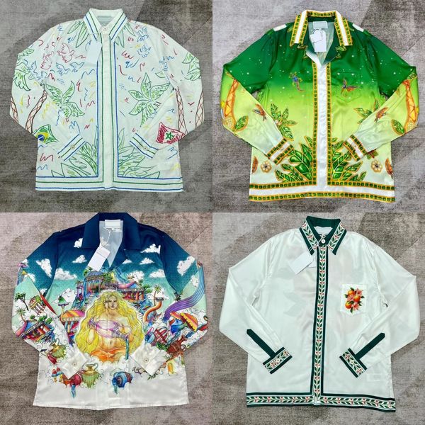 

24ss Casabalance High Quality Men Designer Silk Casual Shirt New Tide Classic Hot Pattern Print Lapel Button Hawaii Beach Versatile Cardigan Polyester Shirt Tops tn, Purple