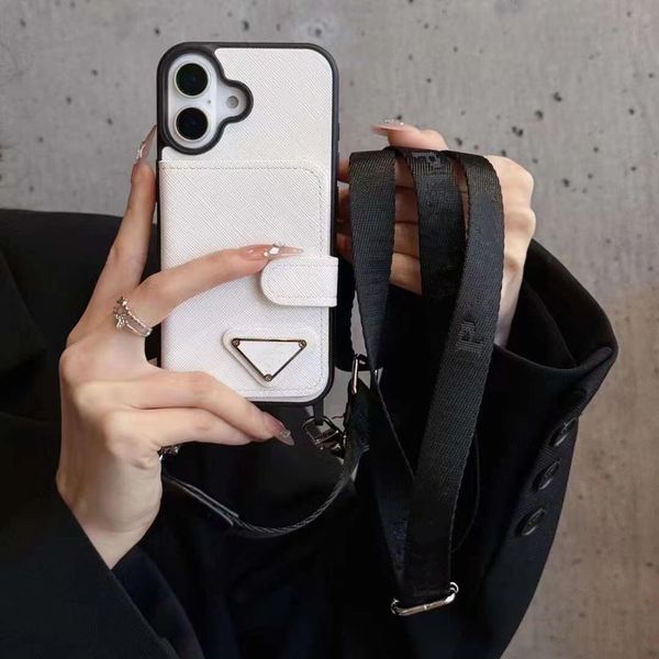 Phone Case Designer iPhone Case Crossbody Wallet for Apple iPhone 16 Pro Max 15 Pro Max 14 13 15 PLUS 16 Plus Case Luxury Brand triangle Card Holder Lanyard Handbag Cover