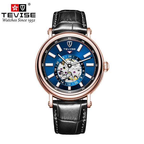 

Swiss TEVISE Mechanical Watch Classic Automatic Hollow Genuine Leather Men's Watch Waterproof Luminous Luxury Watch Mens T004 9829, T004-3 black