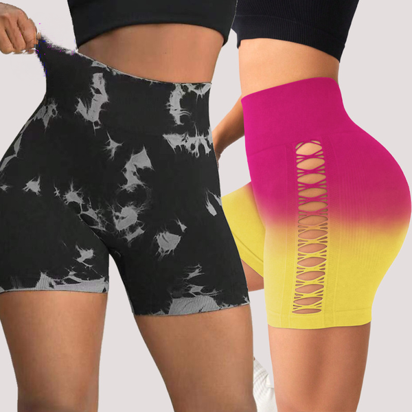 

High quality women's European and American tie dye yoga shorts peach hip fitness pants high waist elastic tight fitting quick drying running sports pants, Hollow out blue