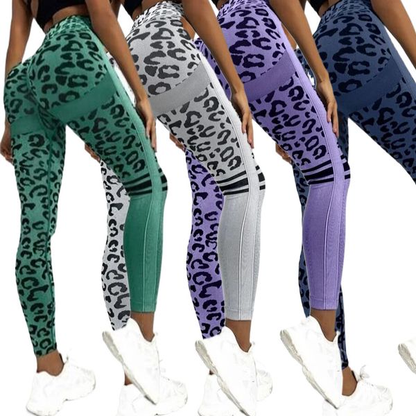 

Designer women's leopard print seamless yoga clothes tight running sports pants high waist and hip lifting peach hip fitness scrub washed shorts three quarter pants, Blackish green