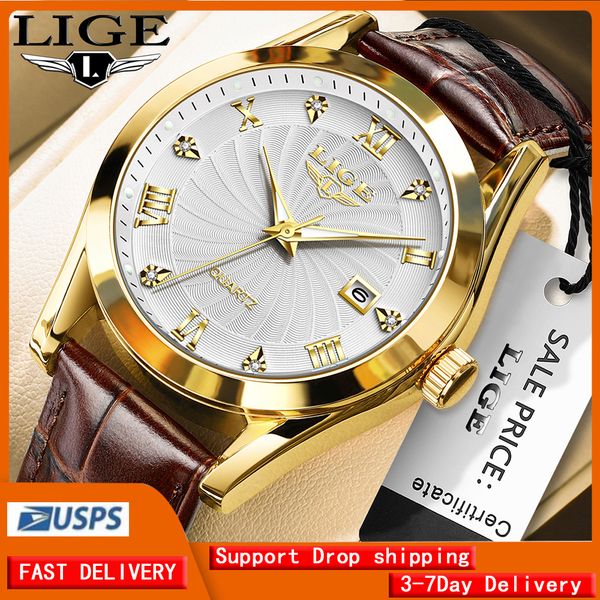 

LIGE Men's Business Quartz Watch Premium Brand Watch Premium Leather strap Classic dial Men's Waterproof Watch Three pin calendar watch Holiday, Golden black