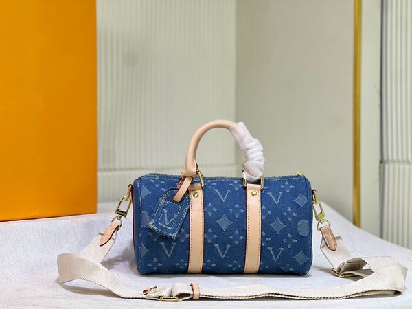 

Blue denim travel lage Genuine leather design Baguette pillow keepall shoulder crossbody package clutch handbag tote bag, 18.