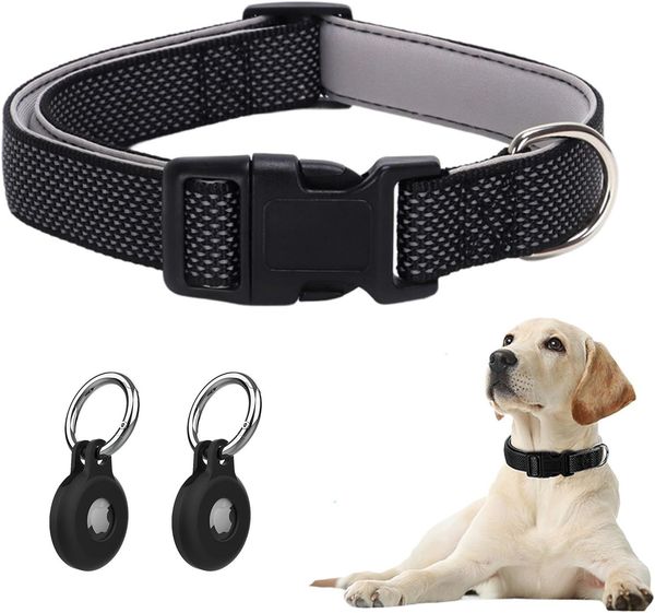 

Reflective Dog Collar with Breathable Nylon Soft Neoprene Pad Collar, Suitable for Medium sized Dogs+2 AirTag Holders (Black, Medium), Robin blue