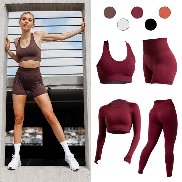 

Ladies' designer fashionable seamless nude and beautiful back high-end yoga suit fitness suit running sportswear high waist trendy hip lifting yoga pants, Burgundy shorts