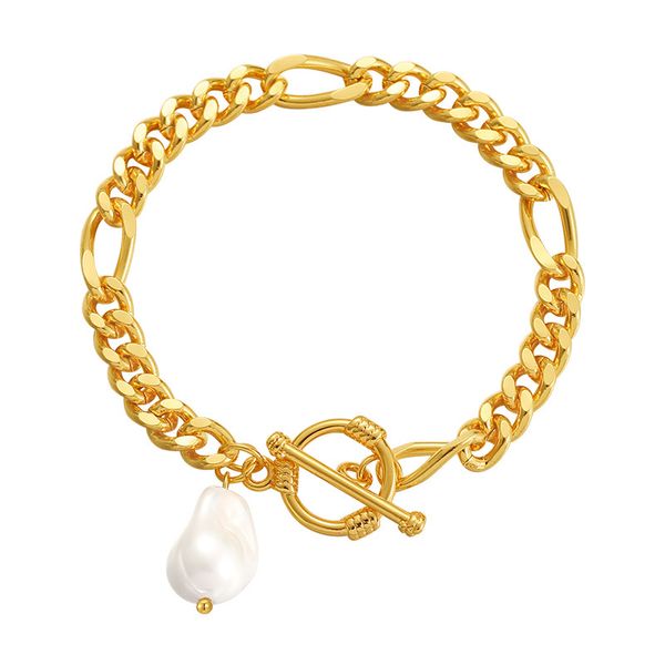

French pearl bracelet OT buckle pearl neutral style flat chain INS high-end feel hand decoration copper plated 18K real gold thick chain