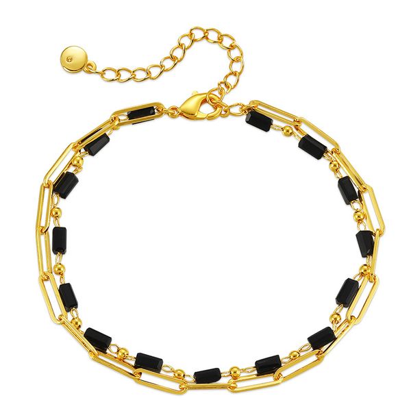 

New Paper Clip Chain Black Glass Diamond Temperament Multi layer Bracelet Copper Plated 18K Real Gold Fashion Jewelry