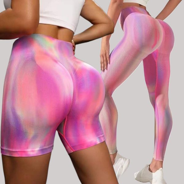 

Trendy women's printed seamless double hip tie dye yoga pants long pants shorts high waisted hip lifting fitness pants tight sports pants, Leopard print purple