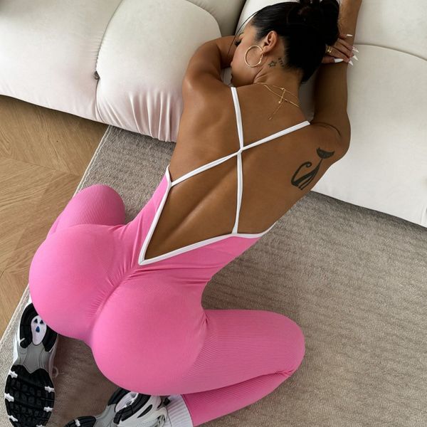 

Women's color blocking camisole sports jumpsuit sleeveless quick drying thread tight yoga suit high waist no awkward thread lifting peach hip fitness pants, Black-k