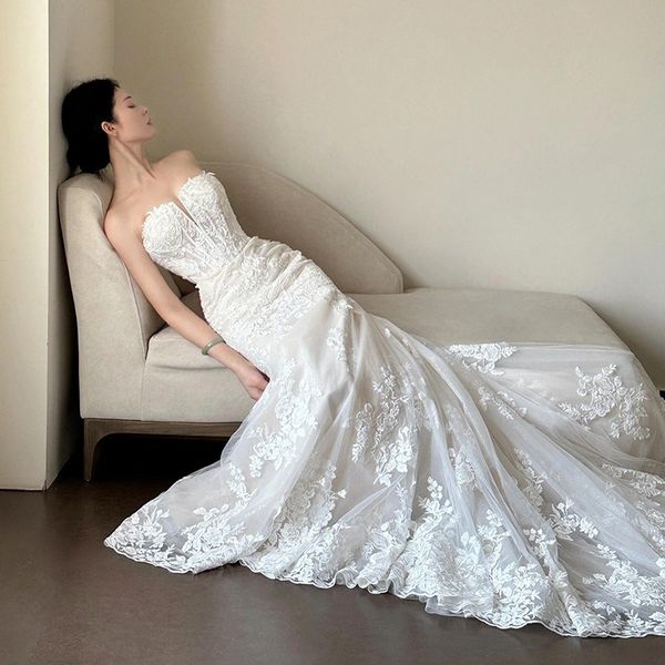 

CH90099 Sophisticated Strapless Bride's Dress - Sleek Satin Material with Large Train for Weddings (Light Luxe Collection), Gray