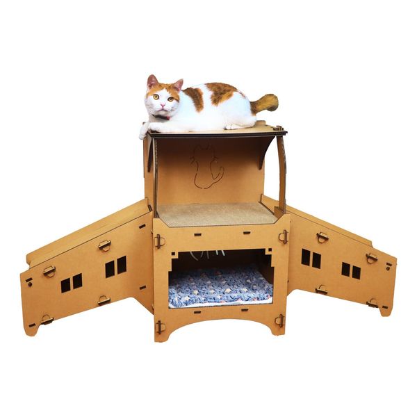 

Cardboard House Castle Playground, Multi-Level Cat Hideout Scratcher with Detachable Hanging and Spring Toys, Brown