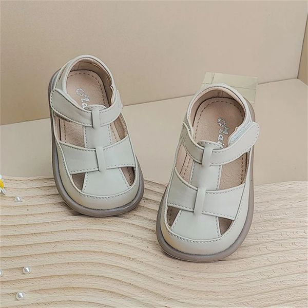 

2024 Summer Baby Shoes Leather Cut Soft Sole Boys Sandals Closed Toes Non slip Fashion Preschool Girls Sandals EU 15-25 240625, Black