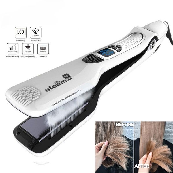 

Steam Straightener Brush Ceramic Flat Professional Straightening Iron Electric Hair Crimper Heating Comb, Black