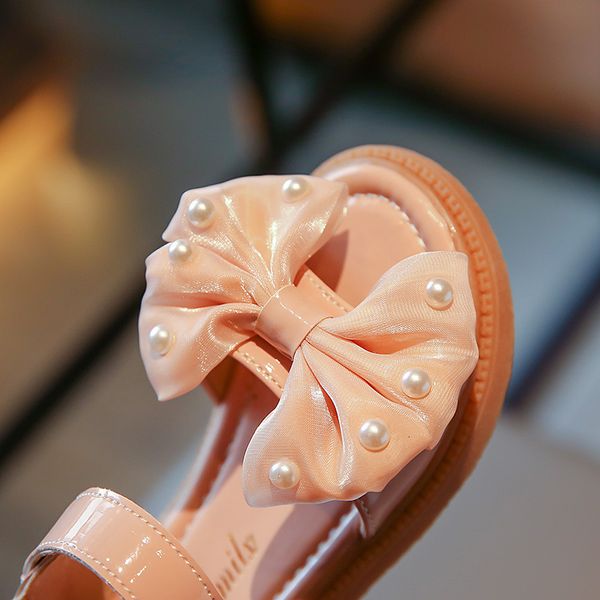 

2024 Summer Princess Style Little Leather Girls Sandals Soft Sole Bow Childrens Shoes Anti Slip Open Toe, Pink