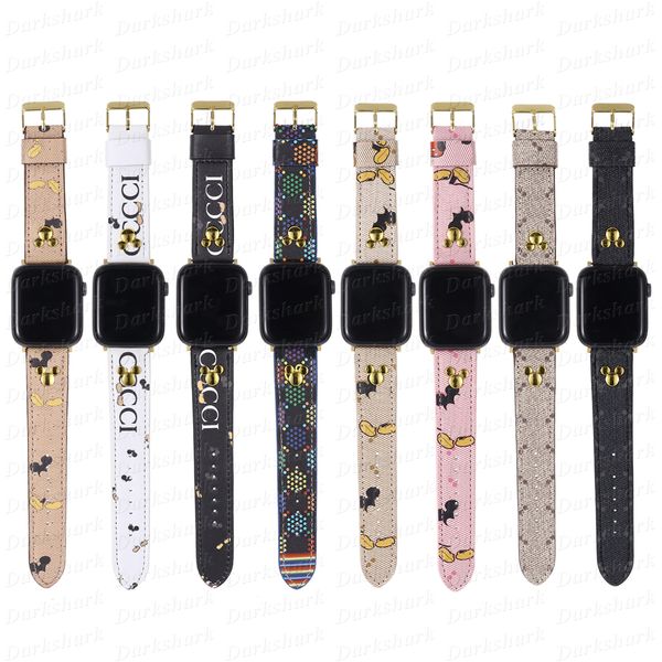 Luxury Wrist Strap Watch Band for Apple iWatch 9 8 7 6 5 4 3 2 Ultra Se Series Leather Replacement Bracelet Belt Cartoon Letter Designer Watchband Wristband