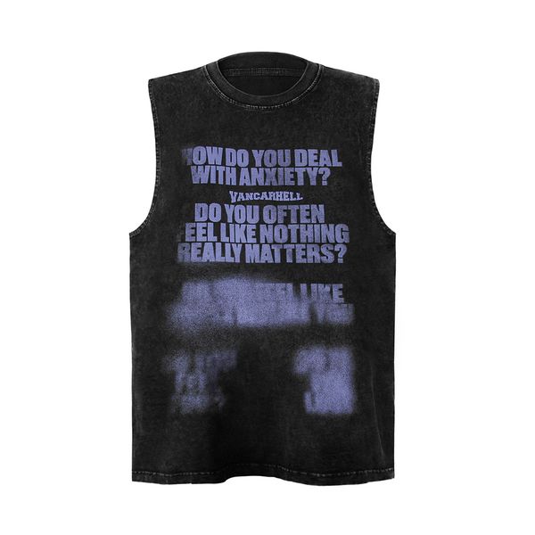 

2024 summer new large area letter loose vest men's summer punk tide niche pure cotton to do old wash water sleeveless vest T-shirt, Black