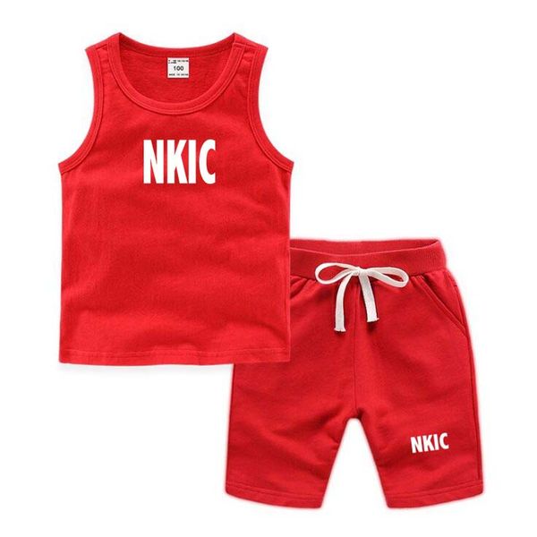 

2PCS Children Brand Clothing Vest Suit Children's Sets Summer 100% Cotton T-Shirts Shorts Boys Girls Sleeveless Kids Clothes for baby, Red 1