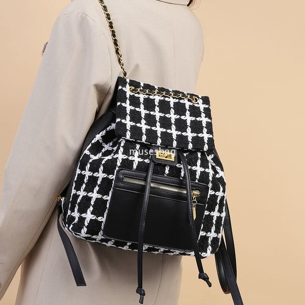 

High end and practical backpack for women with a sense of luxury new fashionable and niche design small fragrant backpack Korean style large capacity drawstring, Checkered style