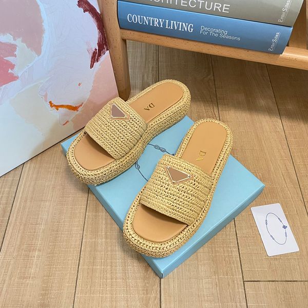 

Designer Straw weave sandal designer Shoe man Raffias sandale triangle Slipper Buckle slides Slippers Womens Summer platform Crochet Slide, C3