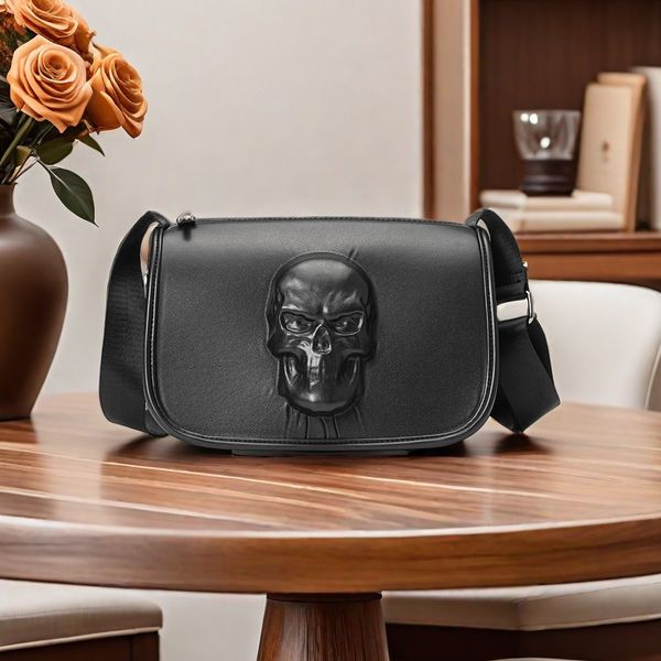 

Outlet factory men shoulder bags street trend Ghost punk riding backpack simple and versatile black handbag flip wear-resistant padded leather postman bag 3778#