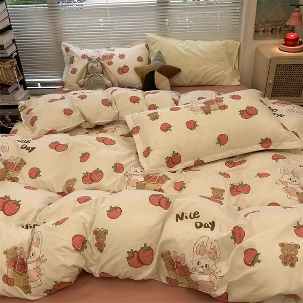 

Strawberry Bedding Set - Korean Style Flat Sheet, Twin//Queen Nordic en, Kids Girls ral Cartoon Rabbit Duvet Cover, Aqua
