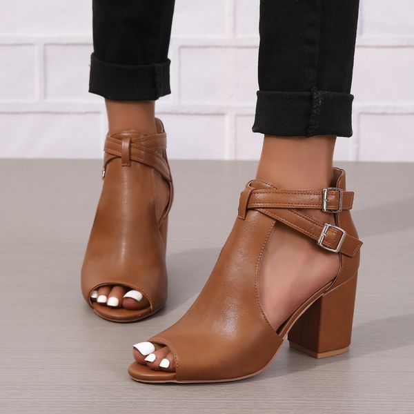 

New Shoes European and American Fashion Large Heel Women's Shoes Designer Shoes Solid Color Buckle Women's Sandals, Black