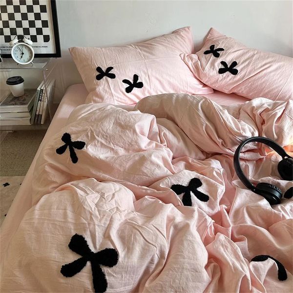 

Pink Bowknot Bedding Set - Soft Solid Color Duvet Cover Set, Twin//Queen/King Size Sheet Sets for Girls Princess Bed Room Decor, Lilac