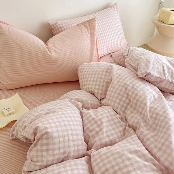 

Soft Pink Striped Bedding Set - Cotton Flat Sheet & Pillowcase Full/, Breathable Duvet Cover, No Filler, for Adults, Kids, Gold
